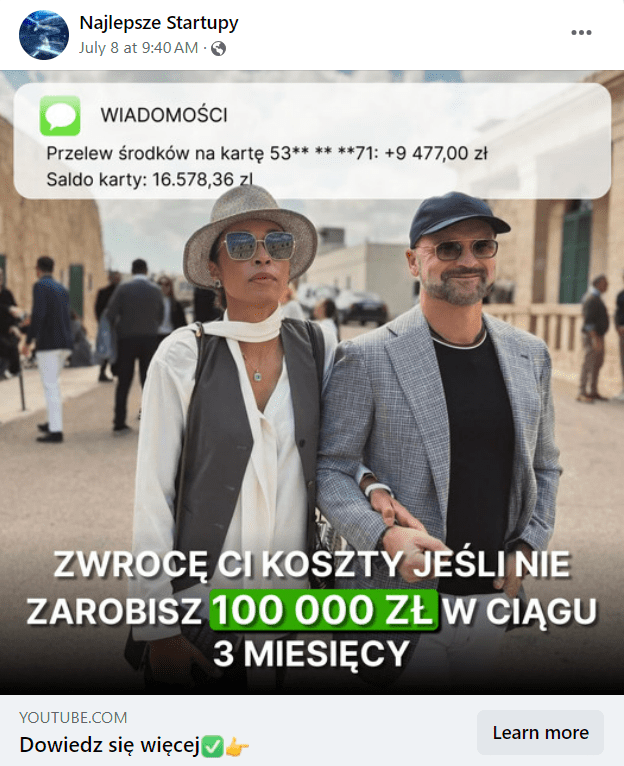 Zrzut ekranu z posta na Facebooku. Na zdjęciu spacerująca Omenaa Mensah i Rafał Brzoska oraz napis „zwrócę ci koszty jeśli nie zarobisz 100 000 zł w ciągu 3 miesięcy”. 
