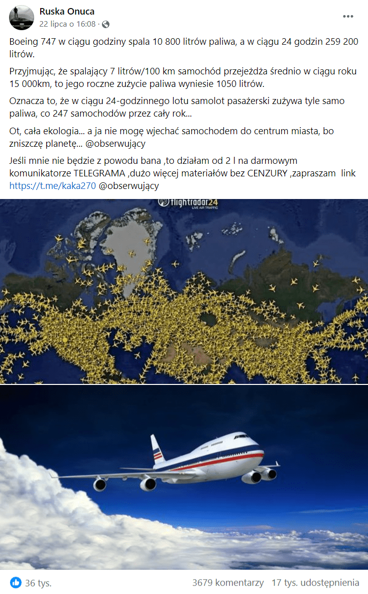 Zrzut ekranu posta na Facebooku. Widzimy dwa zdjęcia: na pierwszym pokazano trasę lotów wielu samolotów, drugie przedstawia jeden samolot na tle nieba. 36 tys. reakcji, 3679 komentarzy, 17 tys. udostępnień. 