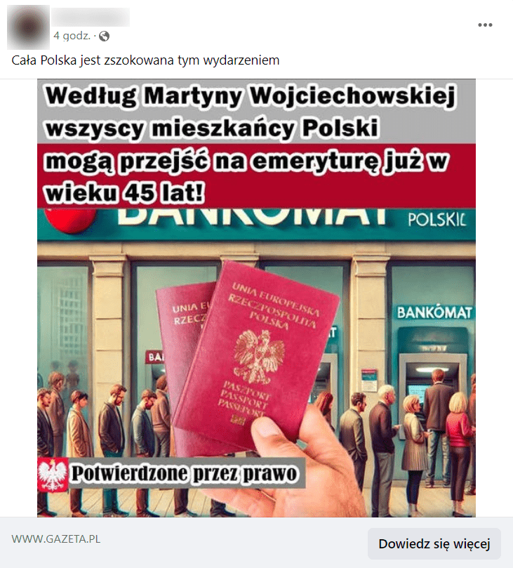 Zrzut ekranu posta na Facebooku. Widzimy grafikę, na której jest zdjęcie paszportu i ludzi stojących w kolejce. Dodano także napis: „Według Martyny Wojciechowskiej wszyscy mieszkańcy Polski mogą przejść na emeryturę już w wieku 45 lat! Potwierdzone przez prawo”. 