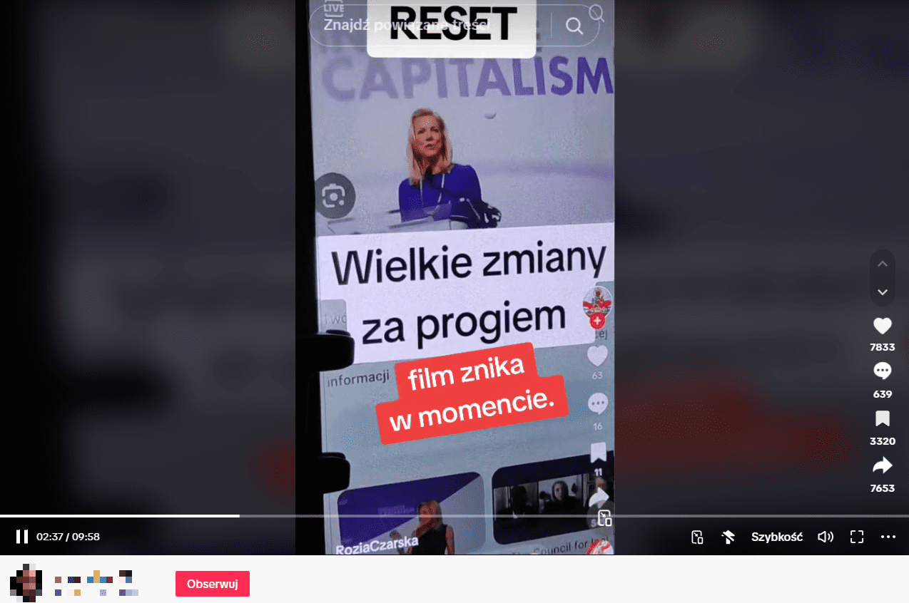 Zrzut ekranu z platformy TikTok. Na środku znajduje się kobieta na mównicy, zapewne na konferencjiU góry ekranu widzimy napis„RESET”, na środku „Wielkie zmiany za progiem”, a pod tym „film znika w momencie.”