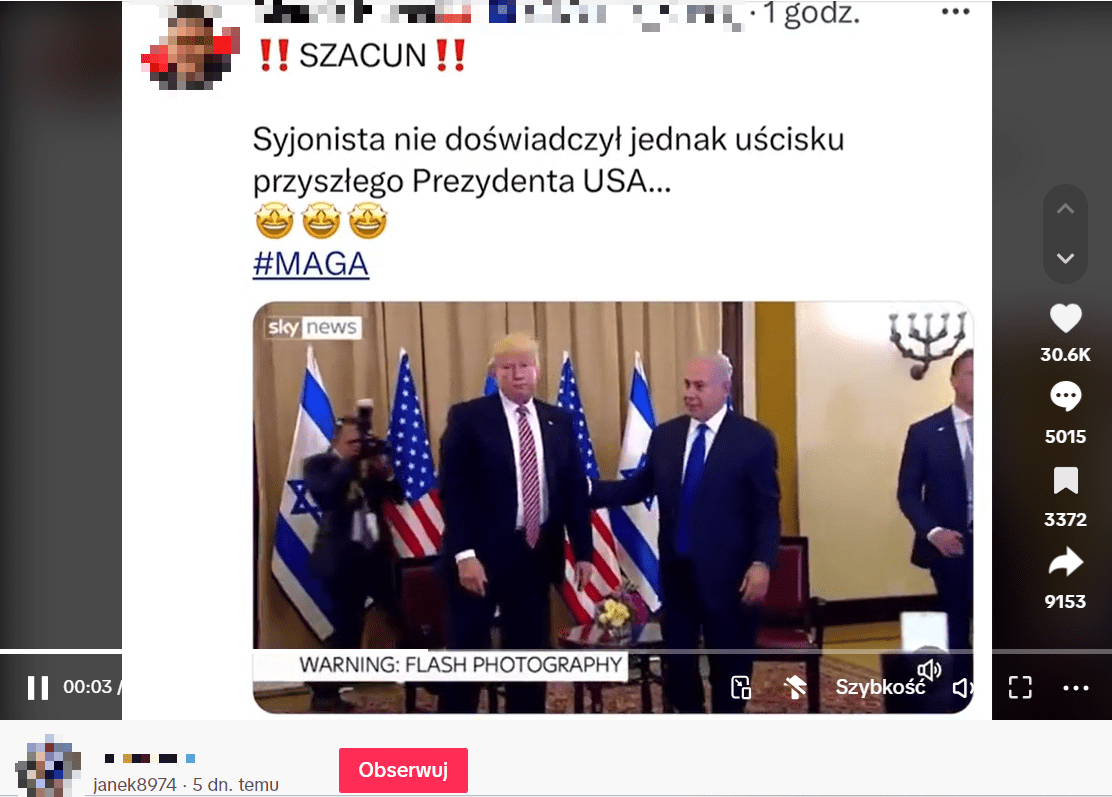 Zrzut ekranu z platformy TikTok. Widzimy nagranie, na którym premier Izraela podaje rękę Donaldowi Trumpowi, a on patrzy w inną stronę