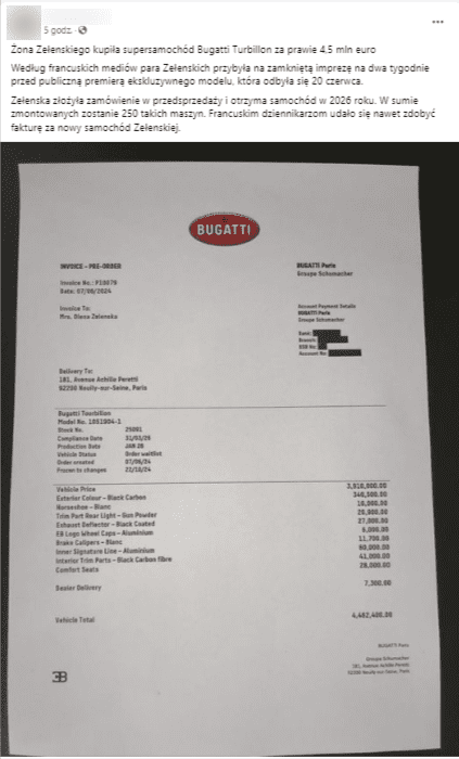 Wpis na Facebooku zawierający zdjęcie rzekomej faktury potwierdzającej zakup Bugatti Tourbillon przez Ołenę Zełenską