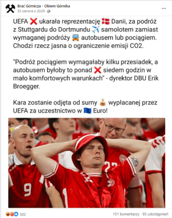 Wpis na Facebooku ze zdjęciem kibiców reprezentacjii Danii na trybunach w czasie meczu Euro 2024.