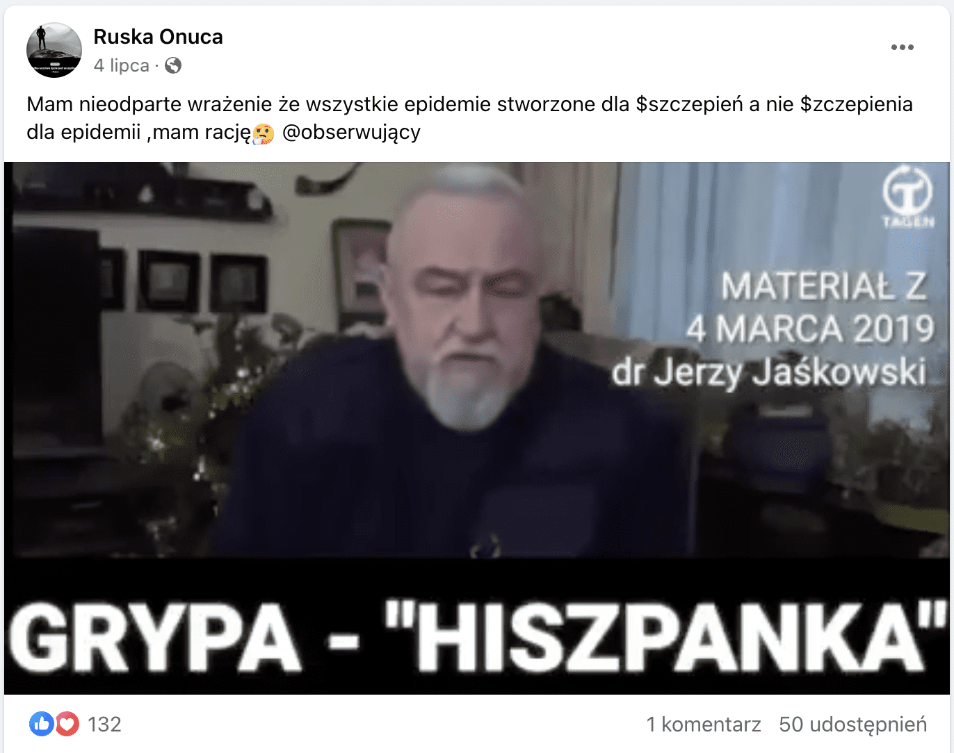 Zrzut ekranu wpisu na Facebooku, w którym udostępniono film Jerzego Jaśkowskiego. Opis posta sugeruje, że epidemie są tworzone na potrzeby szczepień.