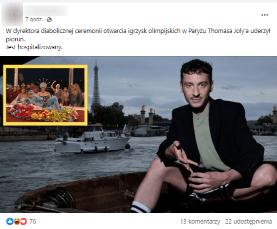 Wpis na Facebooku z informacją o rzekomym uderzeniu pioruna w Thomasa Jolly’ego. Postowi towarzyszy zdjęcie Francuza siedzącego na łódce płynącej po rzece. W tle widać wieżę Eiffela. W lewym górnym rogu jest kadr z ceremonii otwarcia Igrzysk