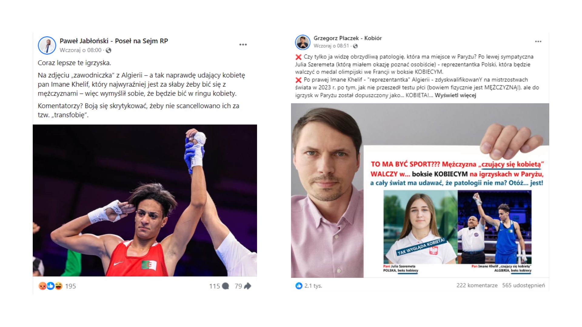 Kompilacja dwóch wpisów polityków na Facebooku, w których sugerowano, że Imane Khelif jest mężczyzną.