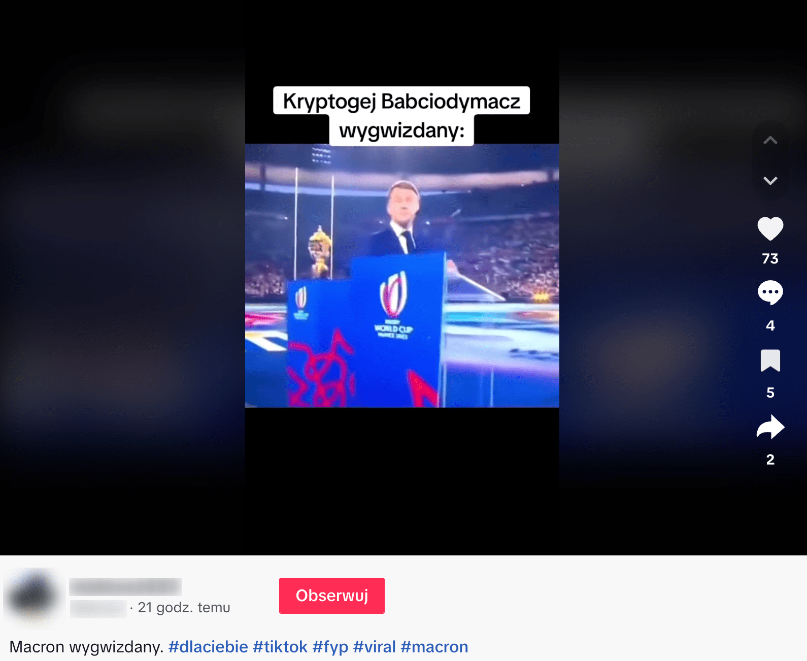 Zrzut ekranu omawianego wideo. Widoczny jest Emmanuel Macron.