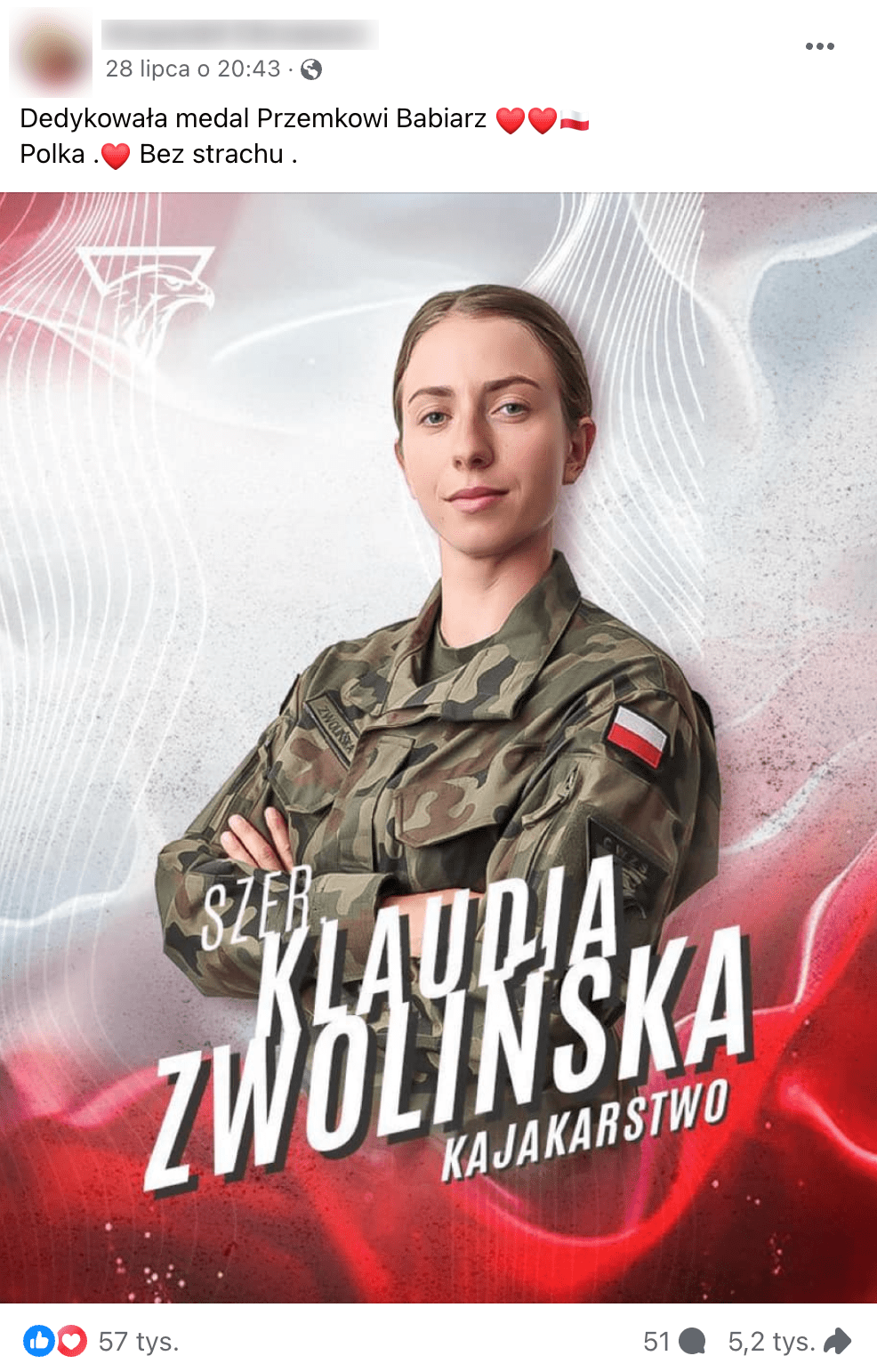Zrzut ekranu omawianego posta. Widoczna jest na nim Klaudia Zwolińska w mundurze z flagą Polski.