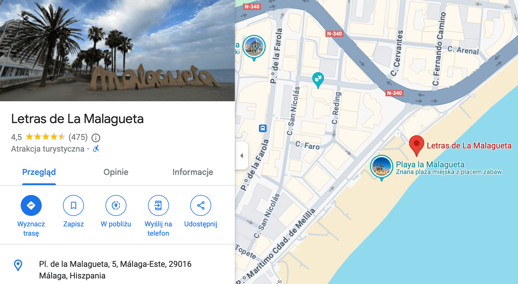 Zrzut ekranu Map Google. Widoczny jest fragment mapy Malagi i zdjęcie napisu na plaży.