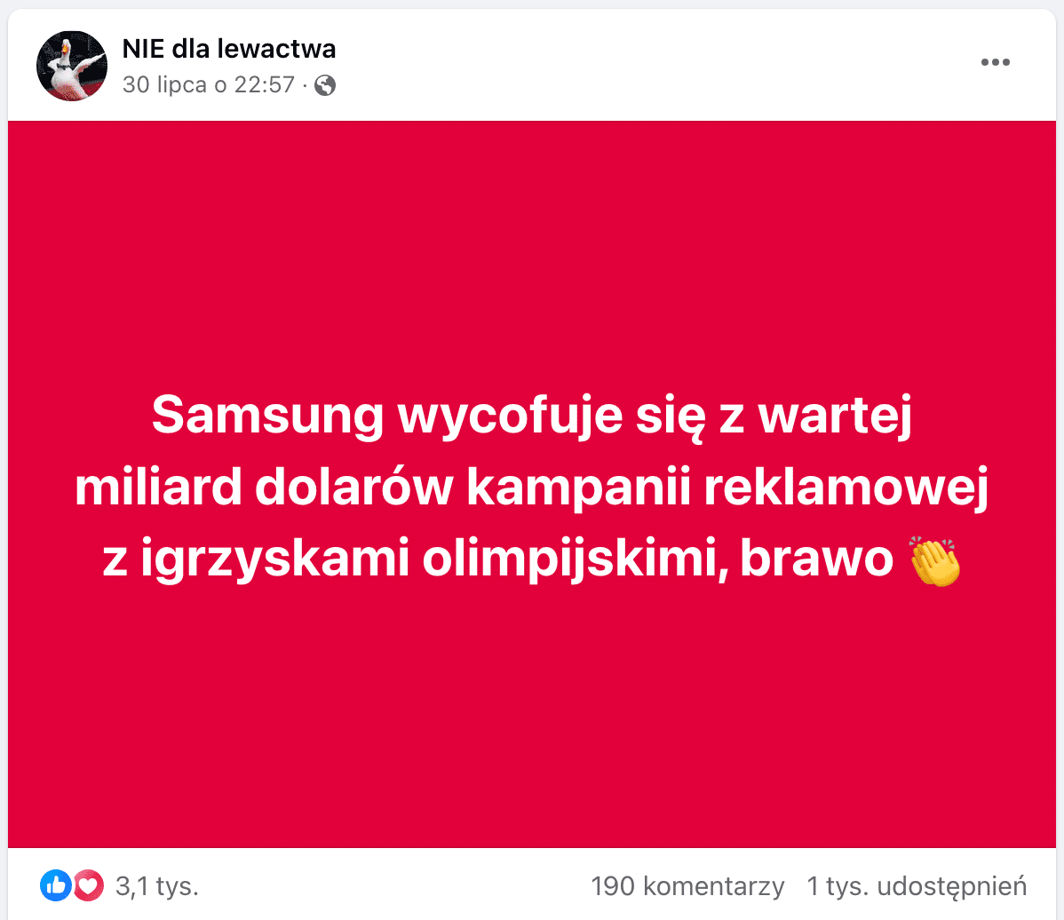 Zrzut ekranu posta na Facebooku. Informację o rzekomym wycofaniu kampanii napisano białymi literami na czerwonym tle.