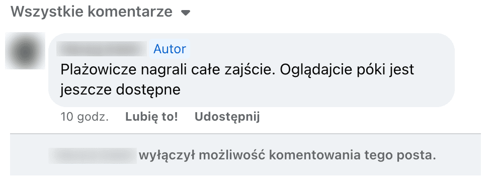 Zrzut ekranu omawianego komentarza pod postem oszustów.