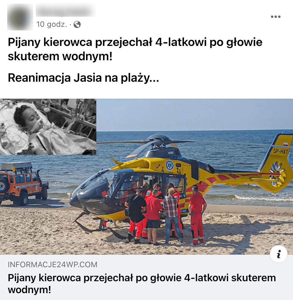 Zrzut ekranu jednego z omawianych postów. Widoczny jest śmigłowiec na plaży i czarno-białe zdjęcie osoby w szpitalu.