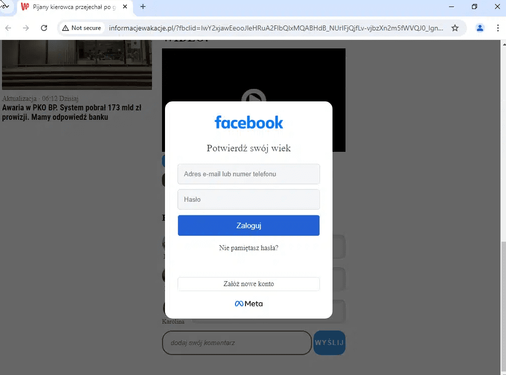 Zrzut ekranu ze strony oszustów. Widoczny jest panel do logowania podszywający się pod Facebook.