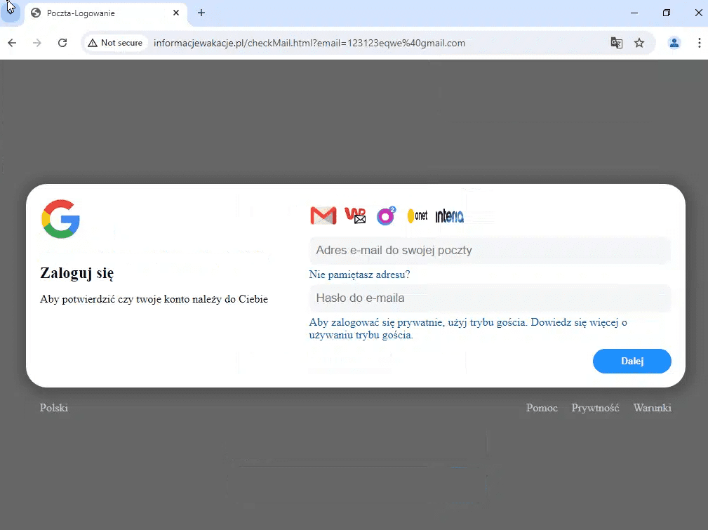Zrzut ekranu ze strony oszustów. Widoczny jest panel do logowania podszywający się pod Gmail.