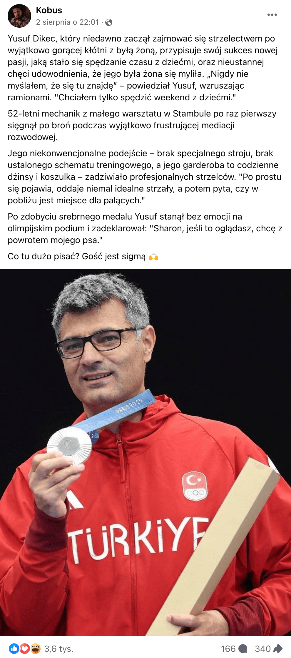 Zrzut ekranu jednego z omawianych postów. Widoczny jest Yusuf Dikeç w czerwonej kurtce i ze srebrnym medalem w dłoni.