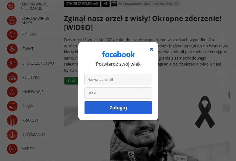 Zrzut ekranu strony oszustów.