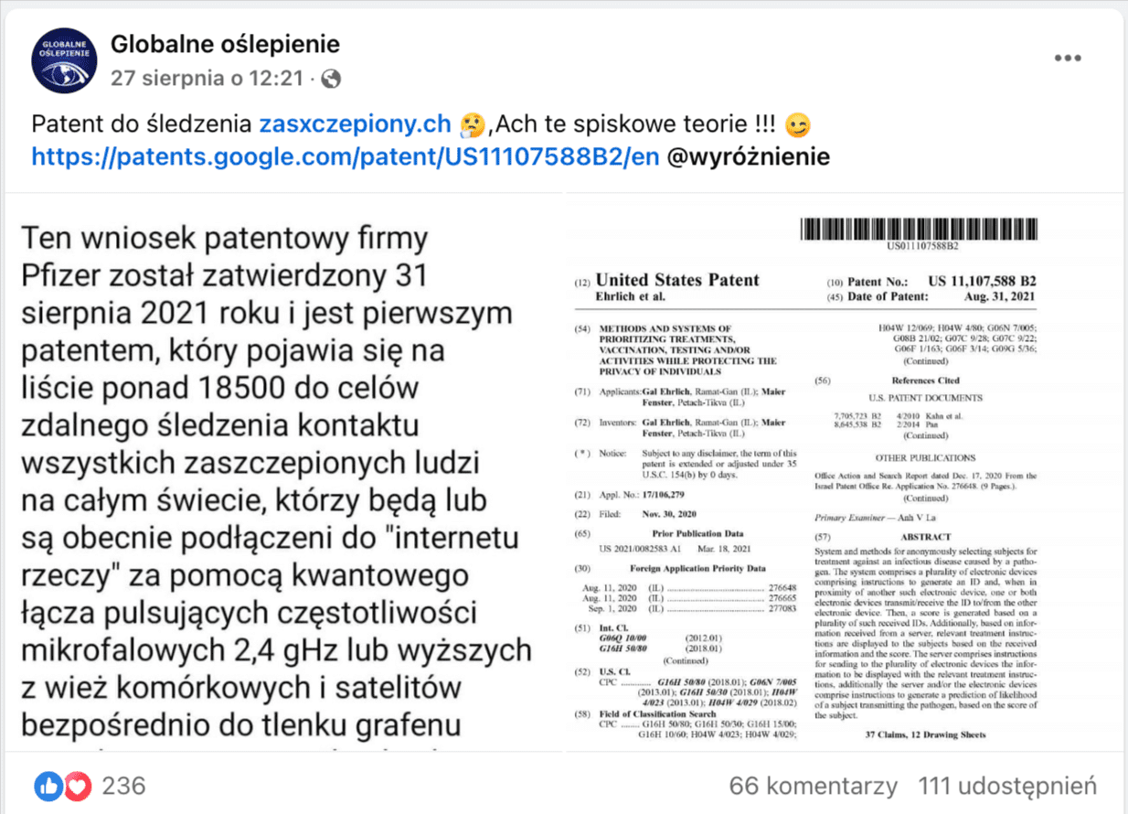 Zrzut ekranu wpisu profilu Globalne oślepienie na Facebooku. Pod opisem postu znajdują się zdjęcia zawierające informacje, że firma Pfizer uzyskała patent na technologię umożliwiającą śledzenie wszystkich zaszczepionych ludzi.