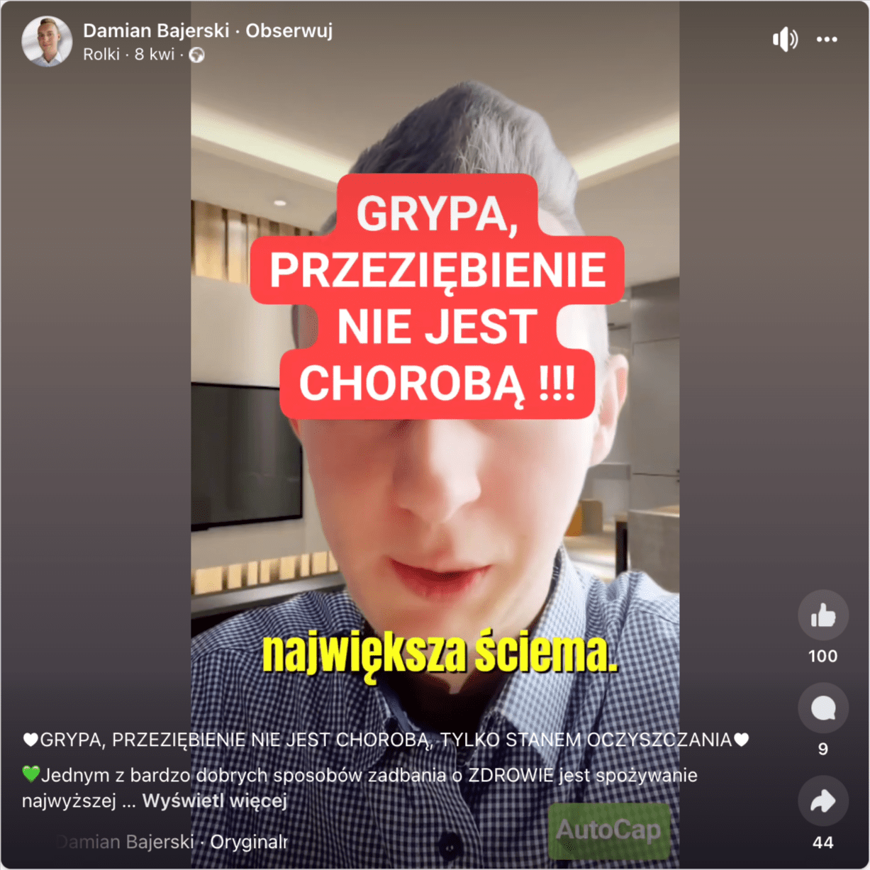 Zrzut ekranu rolki na Facebooku z filmem, w którym informowano, że grypa i przeziębienie nie są chorobami, tylko stanem oczyszczania organizmu po jego zakwaszeniu.