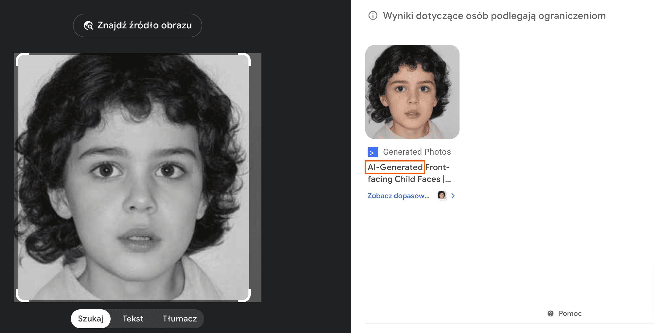 Zrzut ekranu pokazujący wyszukiwanie w Grafice Google. Widoczna jest informacja, że zdjęcie pochodzi ze strony z grafikami AI.