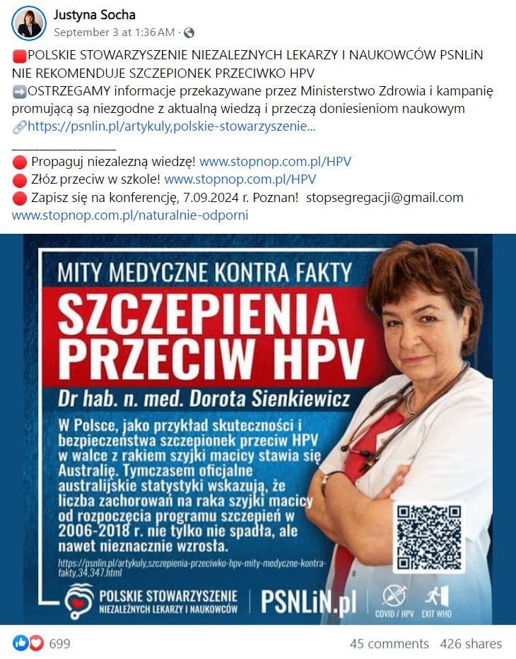 Zrzut ekranu z wpisu na Facebooku, w którym pojawiła się grafika z wizerunkiem Doroty Sienkiewicz oraz cytatem, w którym zniechęcano do szczepień przeciw HPV.