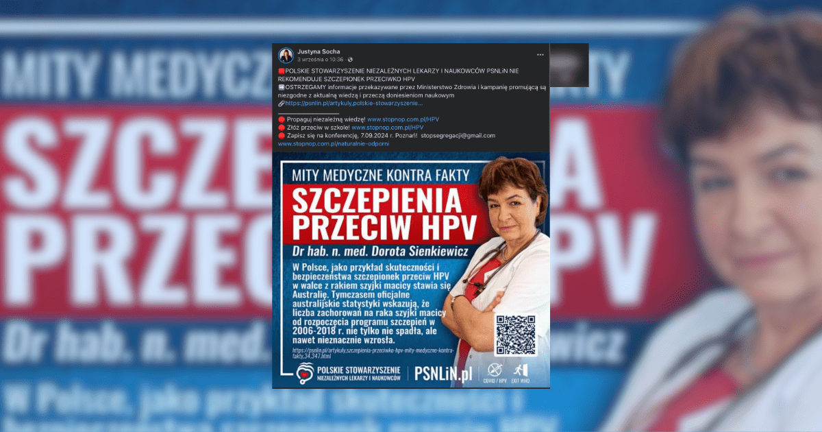 screen z facebooka, ulotka na temat szczepienia przeciw HPV