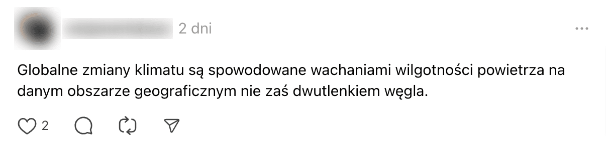 Zrzut ekranu wpisu na portalu Threads, w którym informowano, że globalne zmiany klimatu są spowodowane wilgotnością powietrza, a nie dwutlenkiem węgla.