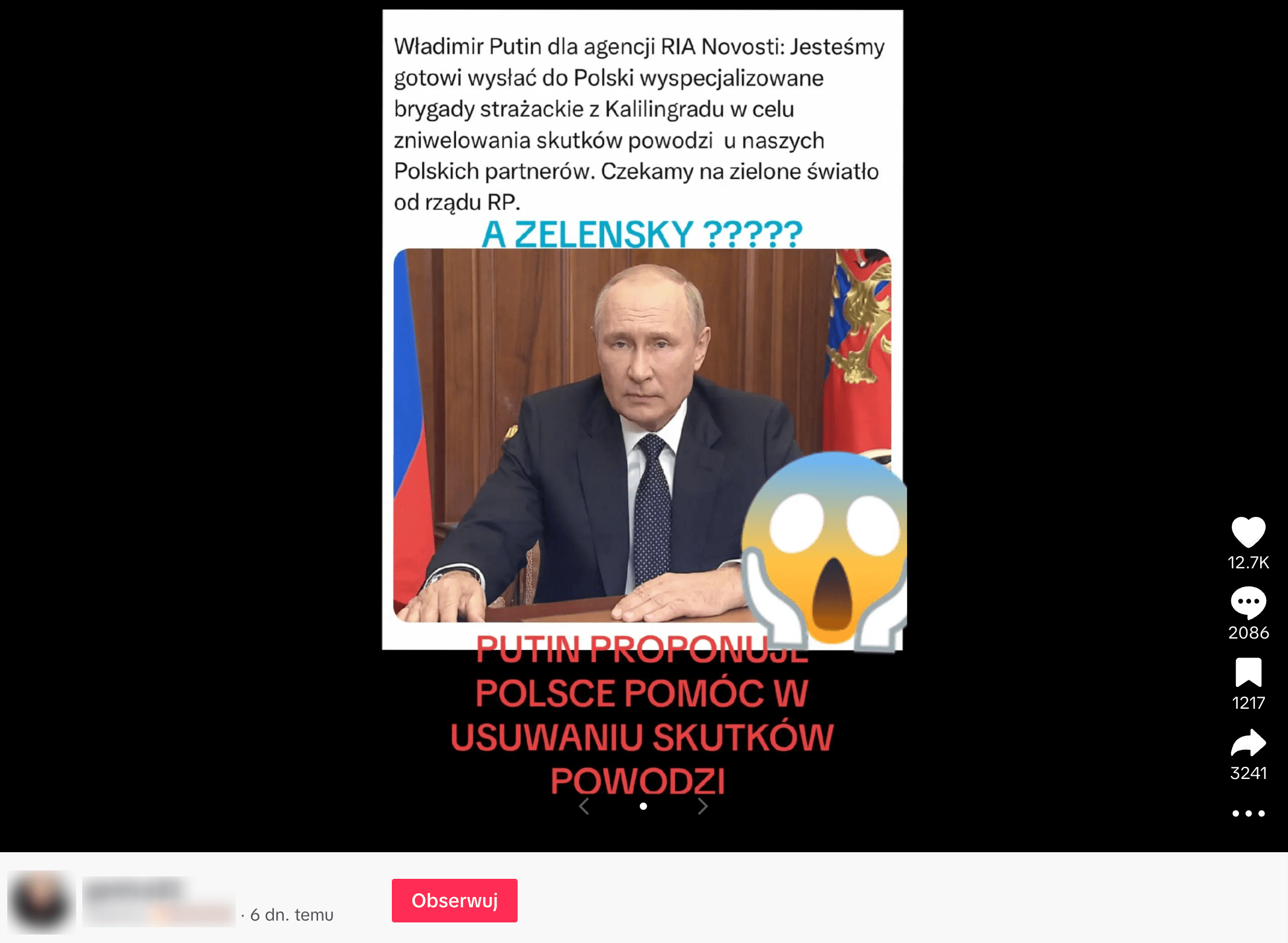 Zrzut ekranu wpisu na TikToku, w którym informowano o tym, że Władimir Putin wyraził gotowość wysłania wyspecjalizowanych brygad strażackich z Kaliningradu do pomocy w niwelowaniu skutków powodzi w Polsce.