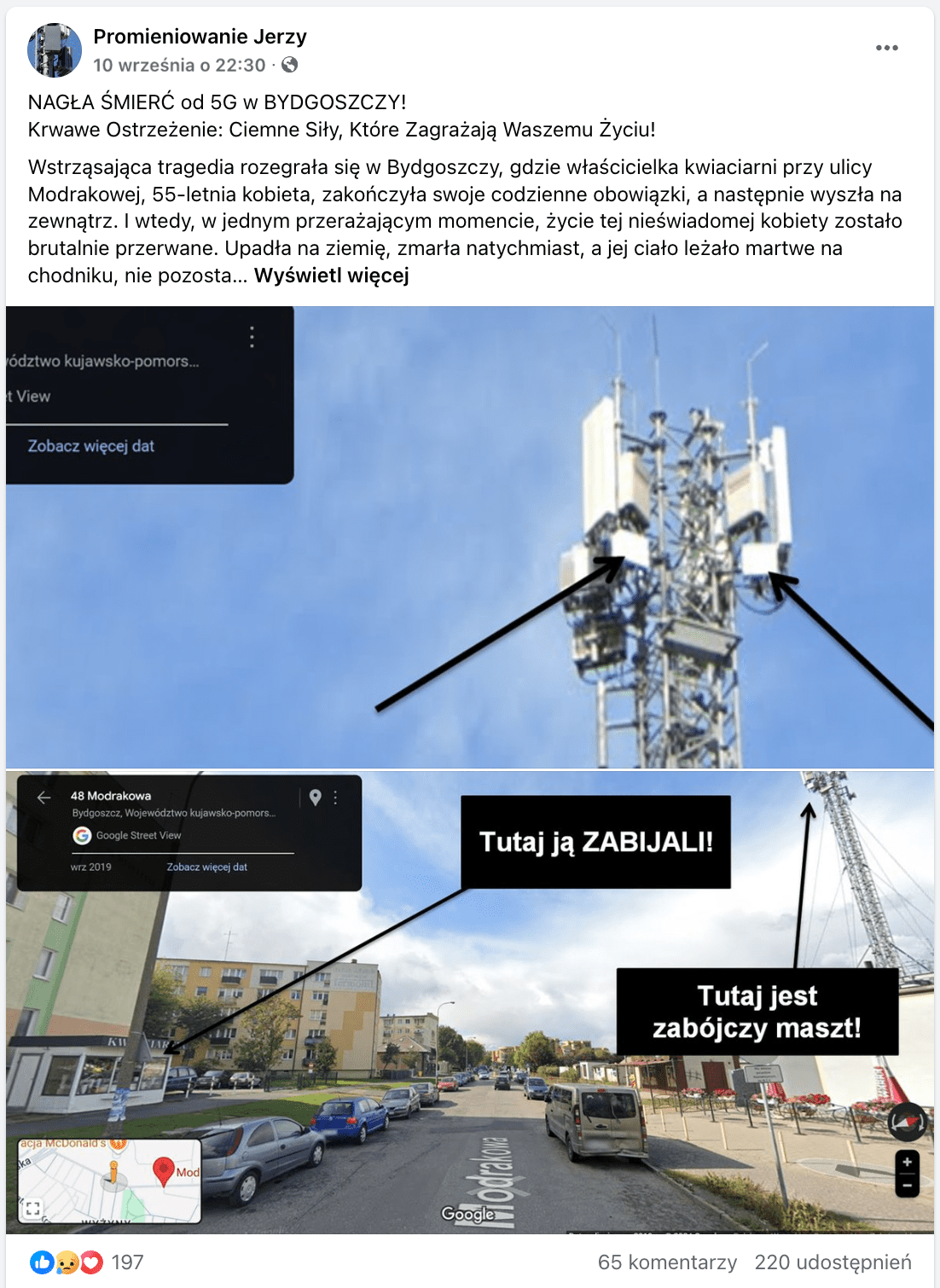 Zrzut ekranu wpisu na Facebooku, w którym opisano historię rzekomej śmierci kobiety w wyniku narażenia na pole elektromagnetyczne z pobliskiej stacji bazowej. Widoczne napisy: „Tutaj ją ZABIJALI!” oraz „Tutaj jest zabójczy maszt!”