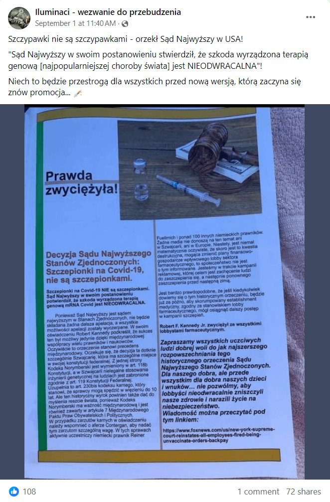 Zrzut ekranu z posta na Facebooku. Na zdjęciu kartka, na której wydrukowano artykuł mówiący o rzekomym orzeczeniu sądu. 