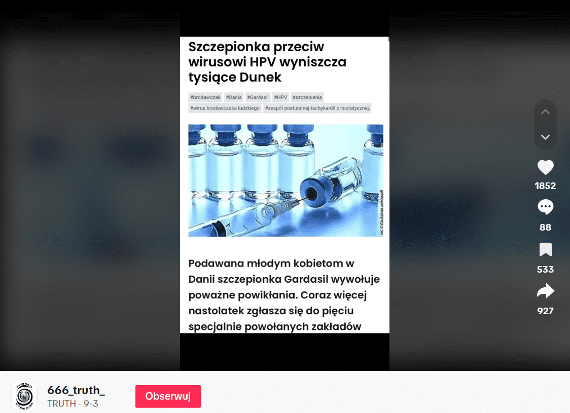 Zrzut ekranu nagrania z TikToka. Widzimy strzykawki oraz napis: „szczepionka przeciw wirusowi HPV wyniszcza tysiące Dunek”.