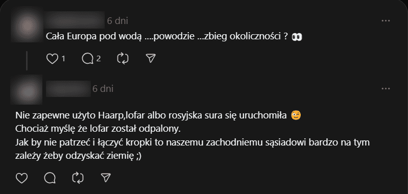 Zrzut ekranu z posta na Threads. Informacja o użyciu HAARP i LOFAR do wywołania powodzi. 