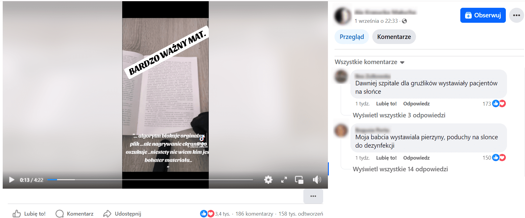 Zrzut ekranu z nagrania opublikowanego na Facebooku podważającego zasadność szczepień i izolacji domowej. Na ekranie widoczny napis: „BARDZO WAŻNY TEMAT”. Liczba odtworzeń: 158 tys., liczba reakcji: 3,4 tys., liczba komentarzy: 186.