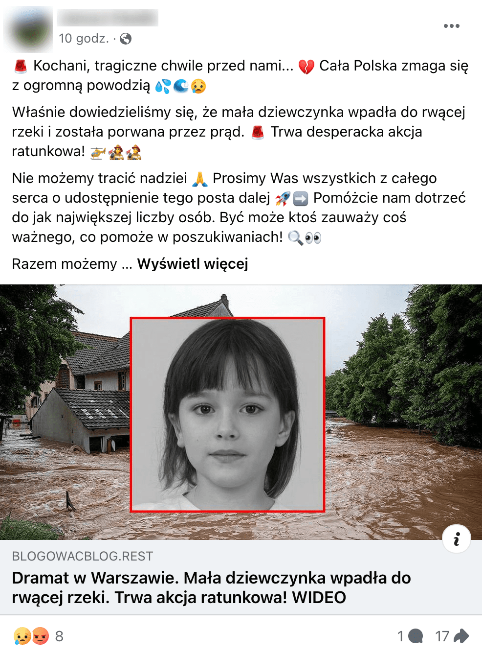 Zrzut ekranu jednego z omawianych postów. Widoczne jest czarno-białe zdjęcie dziewczynki na tle zalanej miejscowości.