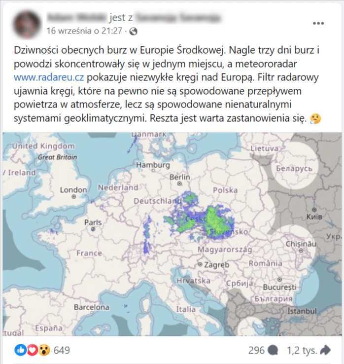 Zrzut ekranu z profilu na Facebooku. Widoczna mapa Europy z zobrazowanymi opadami deszczu. Liczba reakcji: 649, liczba komentarzy: 296, liczba udostępnień: 1,2 tys.