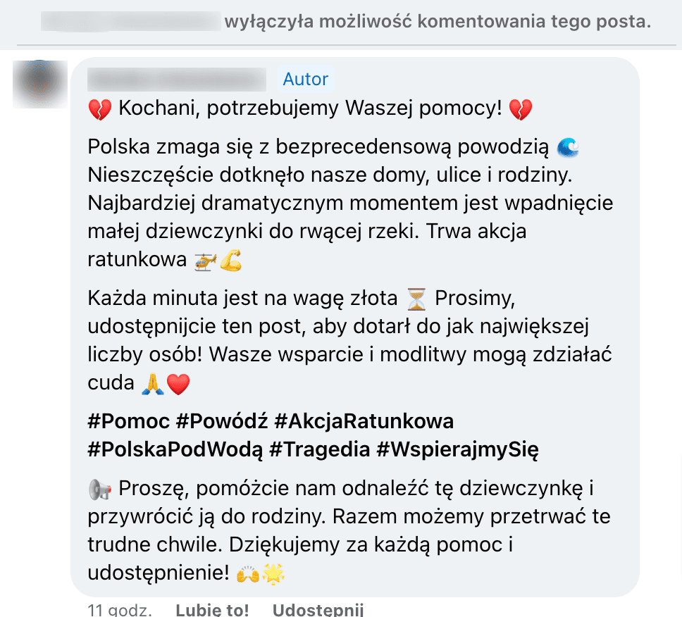 Zrzut ekranu pokazujący, że pod postem została wyłączona możliwość dodawania komentarzy.