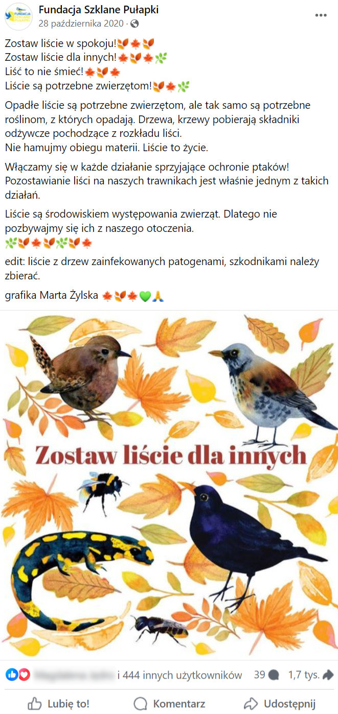 Zrzut ekranu z profilu Fundacji Szklane Pułapki. Widoczny plakat z liśćmi oraz zwierzętami. Napis głosi: „zostaw liście dla innych”.