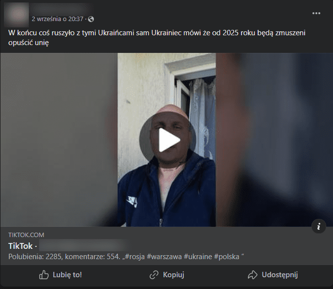 Zrzut ekranu z Facebooka, na którym widać miniaturkę z nagrania z TikToka z mężczyzną ubranym w bluzę. Zdjęcie z podpisem „W końcu coś ruszyło z tymi Ukraińcami sam Ukrainiec mówi że od 2025 roku będą zmuszeni opuścić unię”