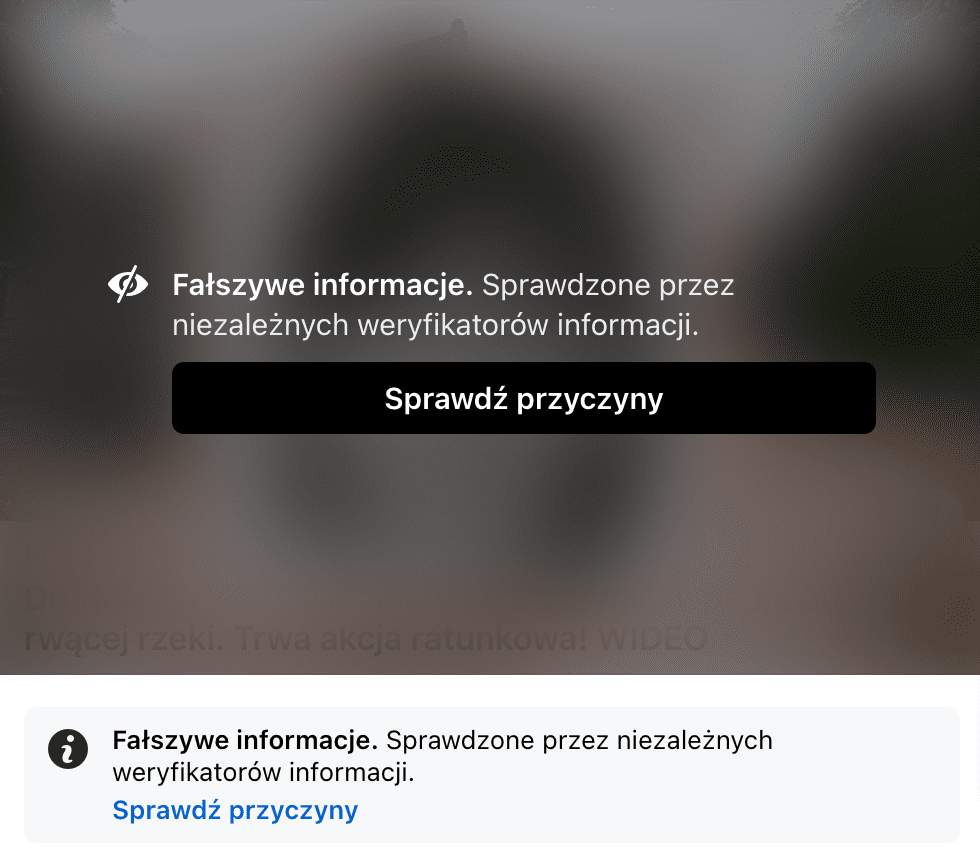 Zrzut ekranu przykładowego posta oznaczonego przez fact-checkerów. Widoczna jest etykieta ostrzegawcza nałożona na wpis.