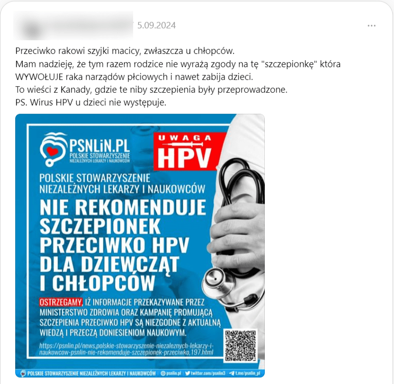 Wpis na portalu Threads zawierający plakat Polskiego Stowarzyszenia Niezależnych Lekarzy i Naukowców, którzy nie rekomendują szczepień przeciw HPV. Wpis powiela także inną medyczną dezinformację