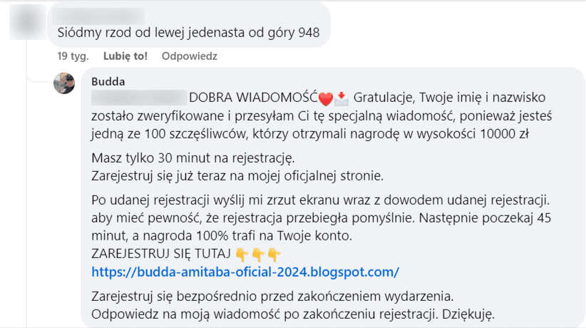 Zrzut ekranu posta na Facebooku. Widzimy odpowiedź fałszywego konta pod komentarzem jednego z użytkowników Facebooka.