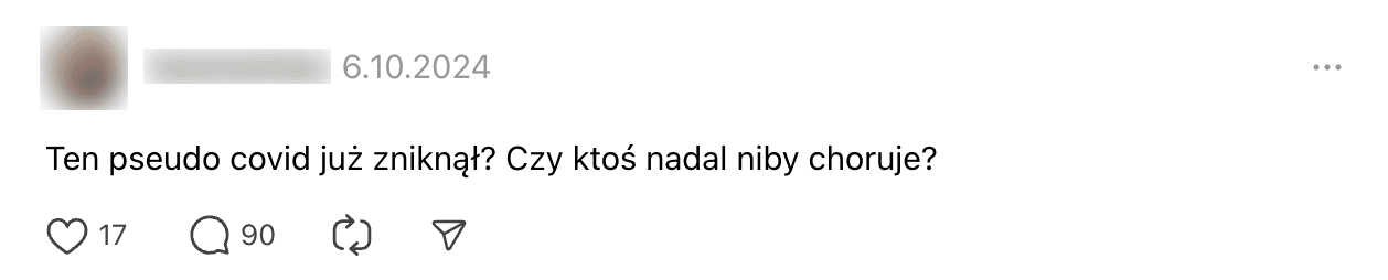 Zrzut ekranu wpisu na portalu Threads, w którym pytano, czy COVID-19 zniknął i czy ktoś nadal choruje.