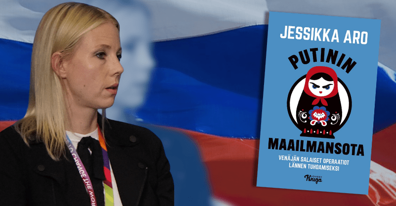 Jessikka Aro i jej książka na tle rosyjskiej flagi