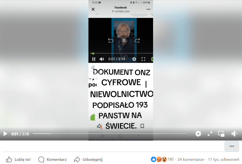 Zrzut ekranu nagrania na Facebooku. Widzimy działaczkę antyszczepionkową oraz osteopatkę Sherri Tenpenny. Widnieje także napis: „Dokument ONZ cyfrowe niewolnictwo podpisało 193 państw na świecie”. 180 reakcji, 24 komentarze, 11 tys. wyświetleń. 