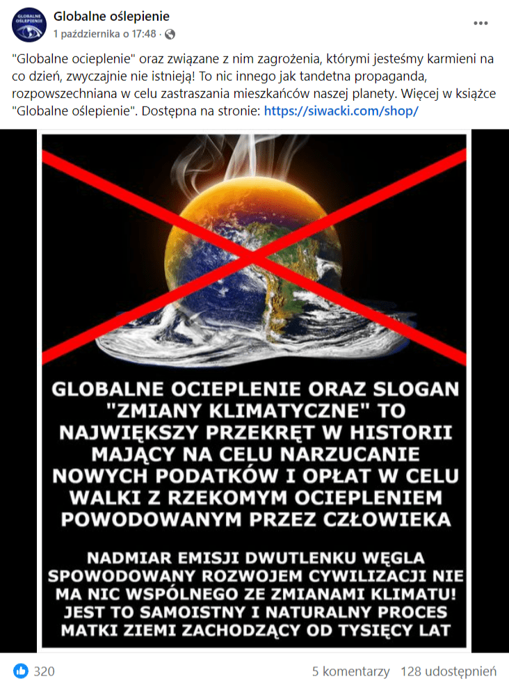 Zrzut ekranu posta na Facebooku. Widzimy płonącą Ziemię przekreśloną czerwonym znakiem X. 320 reakcji, 5 komentarzy, 128 udostępnień. 