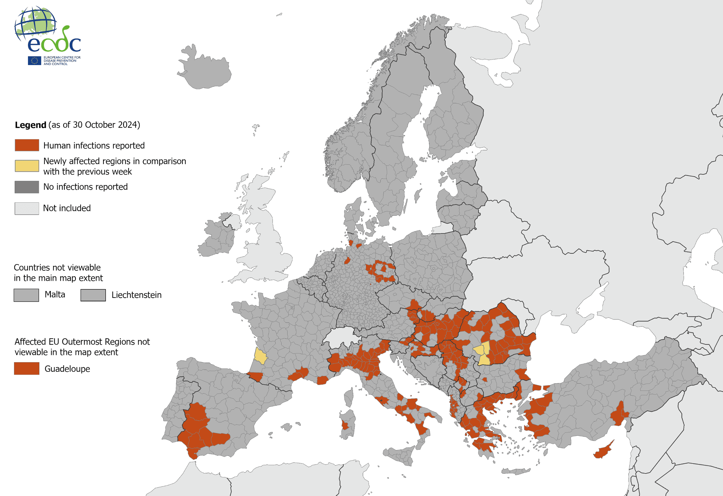 Mapa lokalnie nabytych zakażeń wirusem Zachodniego Nilu u ludzi w Europie 2024 roku do 30 października.