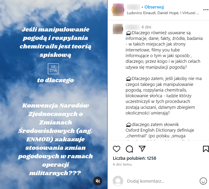 Zrzut ekranu z posta na portalu Instagram, w którym pada stwierdzenie, że konwencja ONZ jest dowodem na to, że manipulacja pogodą i chemtralis nie są teoriami spiskowymi.