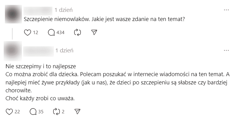 Zrzut ekranu dwóch wpisów na portalu Threads. Jeden z nich uzyskał: 12 reakcji oraz 434 komentarzy, drugi: 22 reakcje, 35 komentarzy, 2 udostępnienia. 