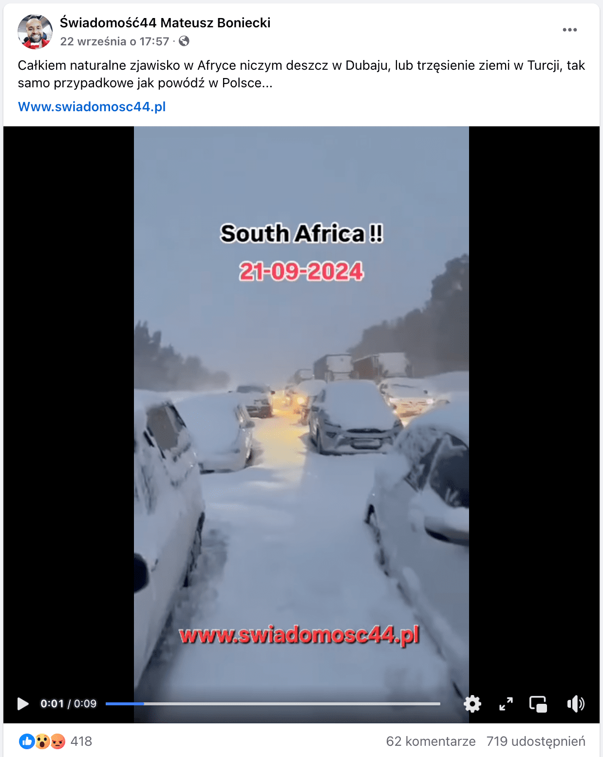 Captura de pantalla de una publicación de Facebook que contiene informes en vídeo de nevadas y ventiscas en Sudáfrica en septiembre de 2024. 