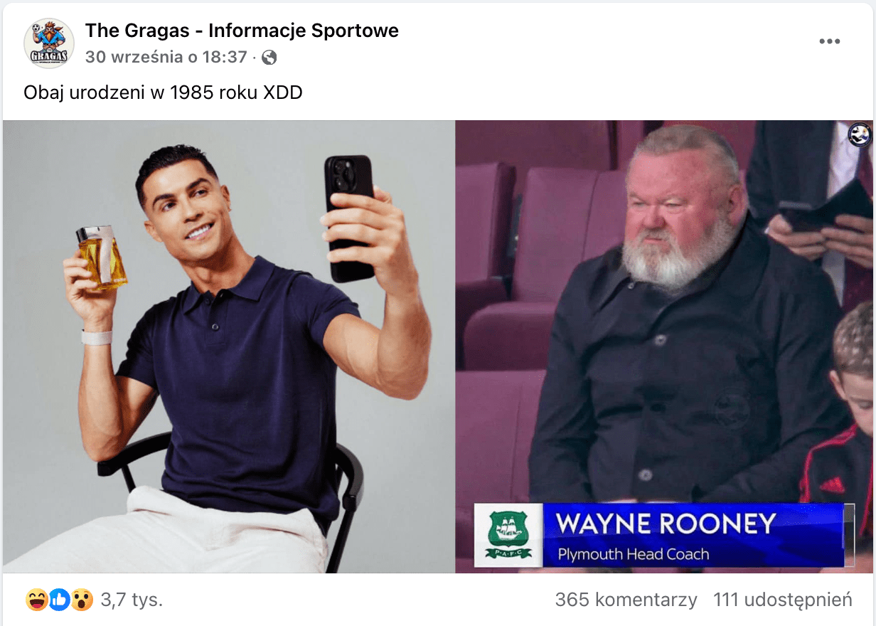 Zrzut ekranu wpisu na Facebooku, w którym porównano zdjęcia dwóch piłkarzy. Z lewej strony widać fotografię Cristiano Ronaldo podczas kampanii reklamowej perfum firmowanych jego marką. Obok zamieszczono przerobioną fotografię Wayne’a Rooneya siedzącego na trybunach podczas meczu piłkarskiego.