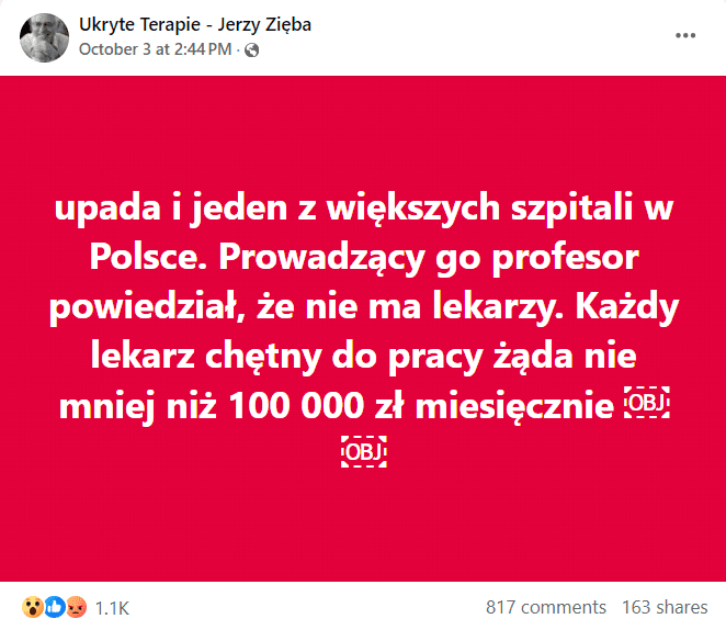 Zrzut ekranu z posta na Facebooku. Informacja o rzekomym upadku szpitala. 